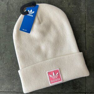 NWT Adidas Originals Tall Utility Beanie White with Pink Trefoil Patch